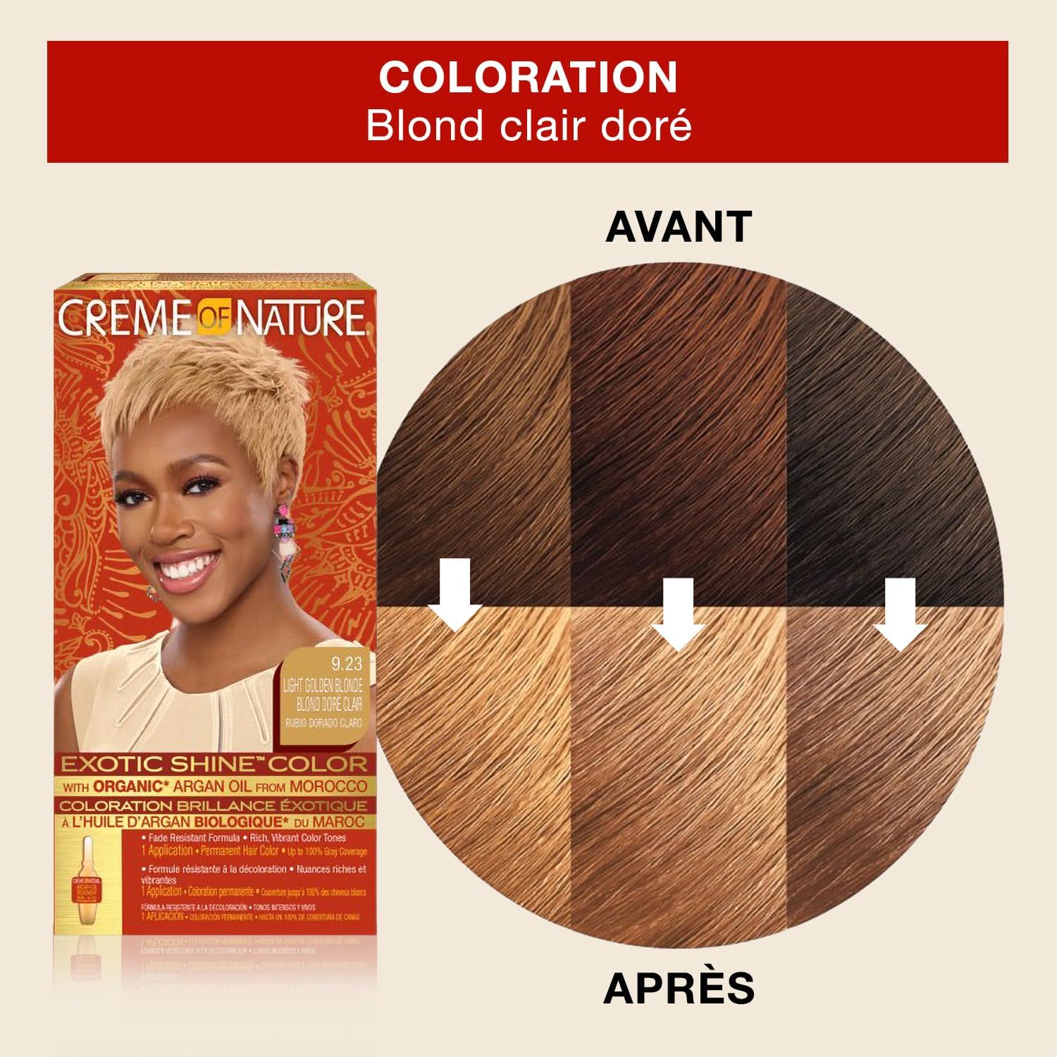 Creme of Nature - Argan Oil coloration permanente - 9.23 blond clair doré - couvre 100% cheveux blancs, adaptée cheveux 