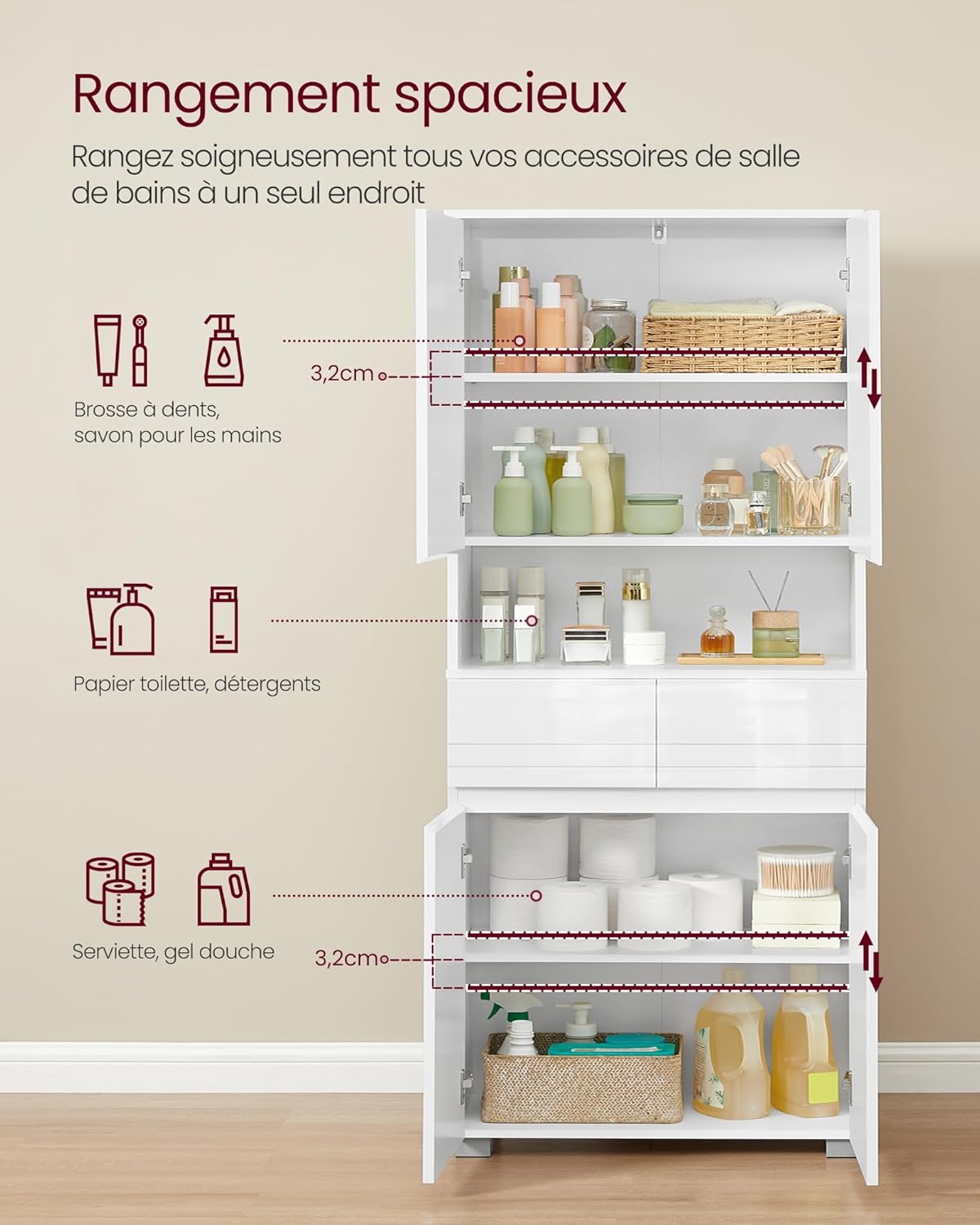 VASAGLE - Armoire salle de bain série BBC563W01 - 30x60x170cm - 2 tiroirs, étagères réglables, rangements BBC563W01