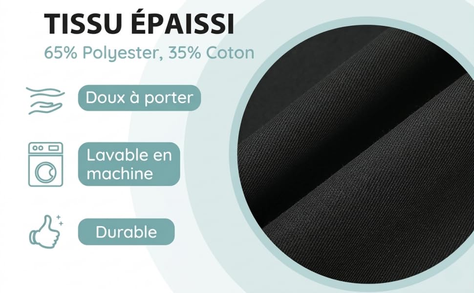 Le texte se lit comme suit : « TISSU ÉPAISSI 65 % polyester, 35 % coton » avec des icônes indiquant « Doux à porter », « Lavable en machine » et « Durable ». Montre la texture du tissu noir.