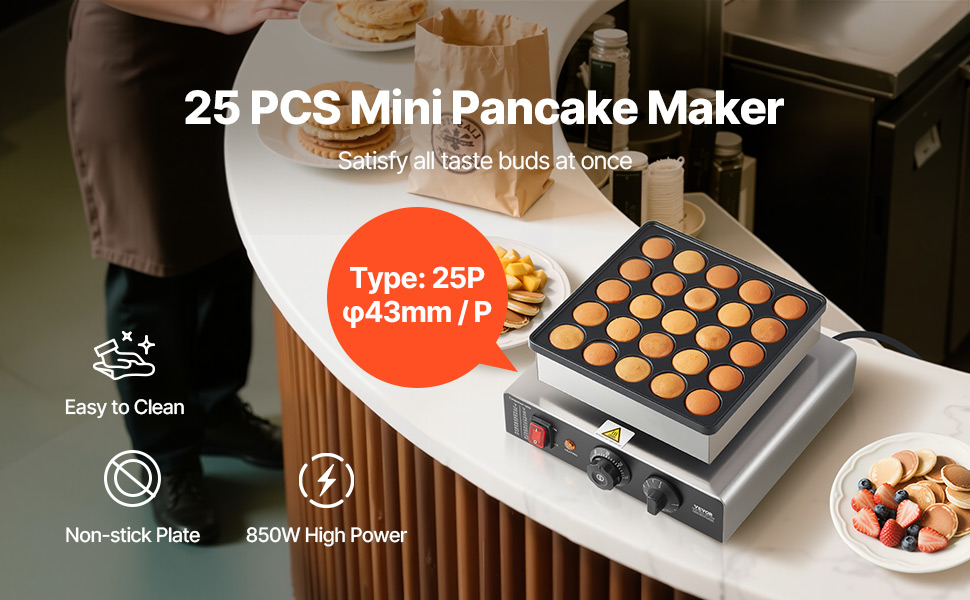Le texte indique « 25 mini-machines à crêpes ». Affiche plusieurs vues d'un appareil de cuisson circulaire pour faire de petites crêpes ou des aliments similaires.