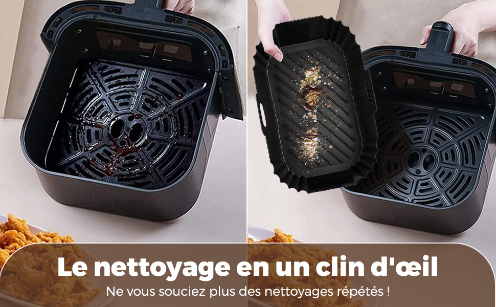 Le texte se lit comme suit : « Le nettoyage en un clin d'œil ». Séquence montrant le processus de nettoyage d'un dispositif en plastique noir à motif quadrillé, illustrant les étapes faciles d'entretien.