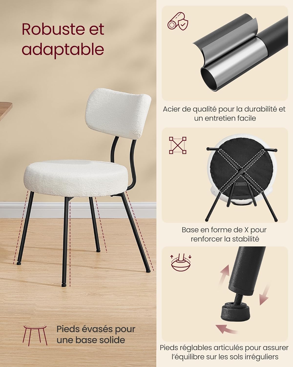 VASAGLE - lot de 2 chaises modernes, tissu peluche, acier, blanc KDC110W01