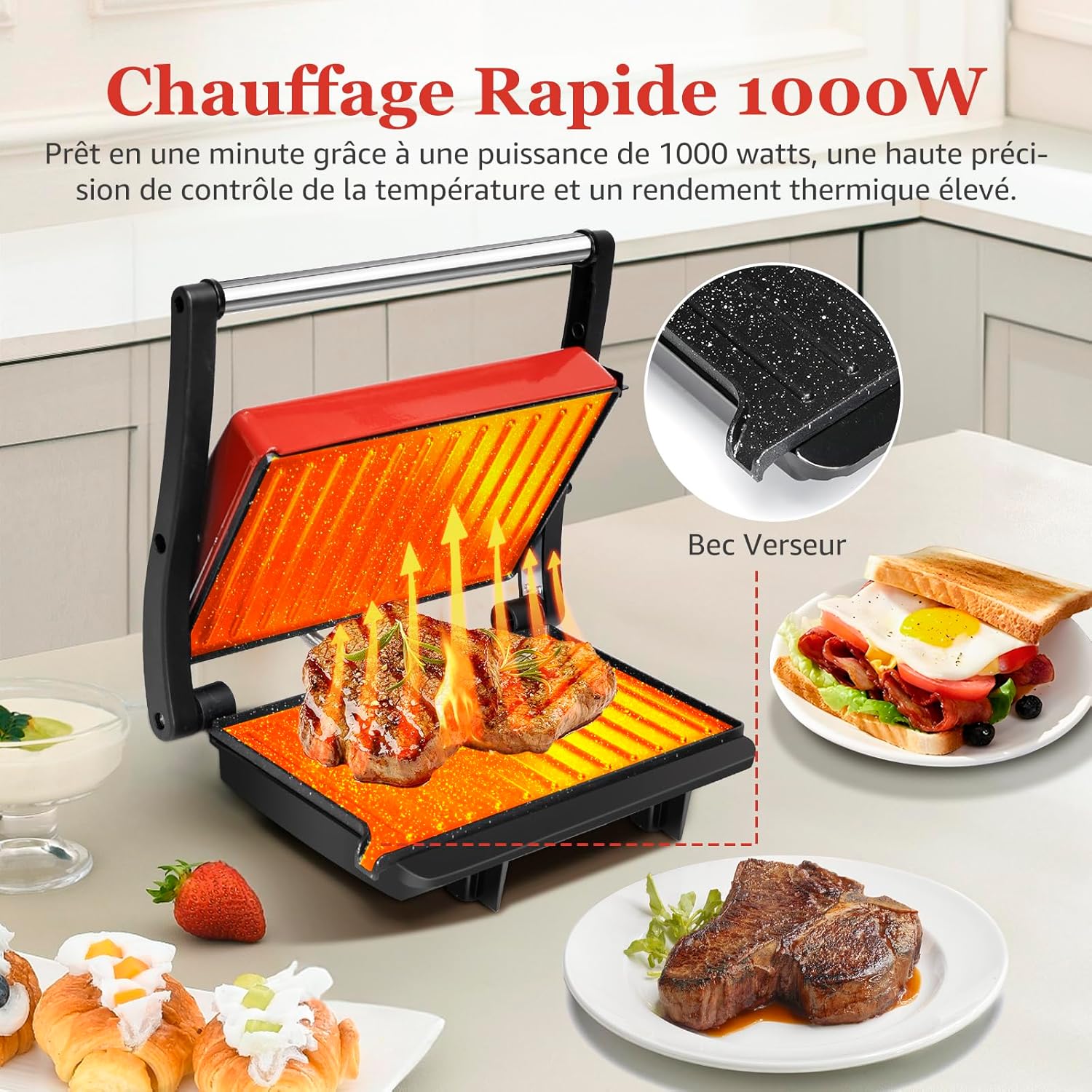 Aigostar - Warme - grille-viande 180° 1000W plaques antiadhésives