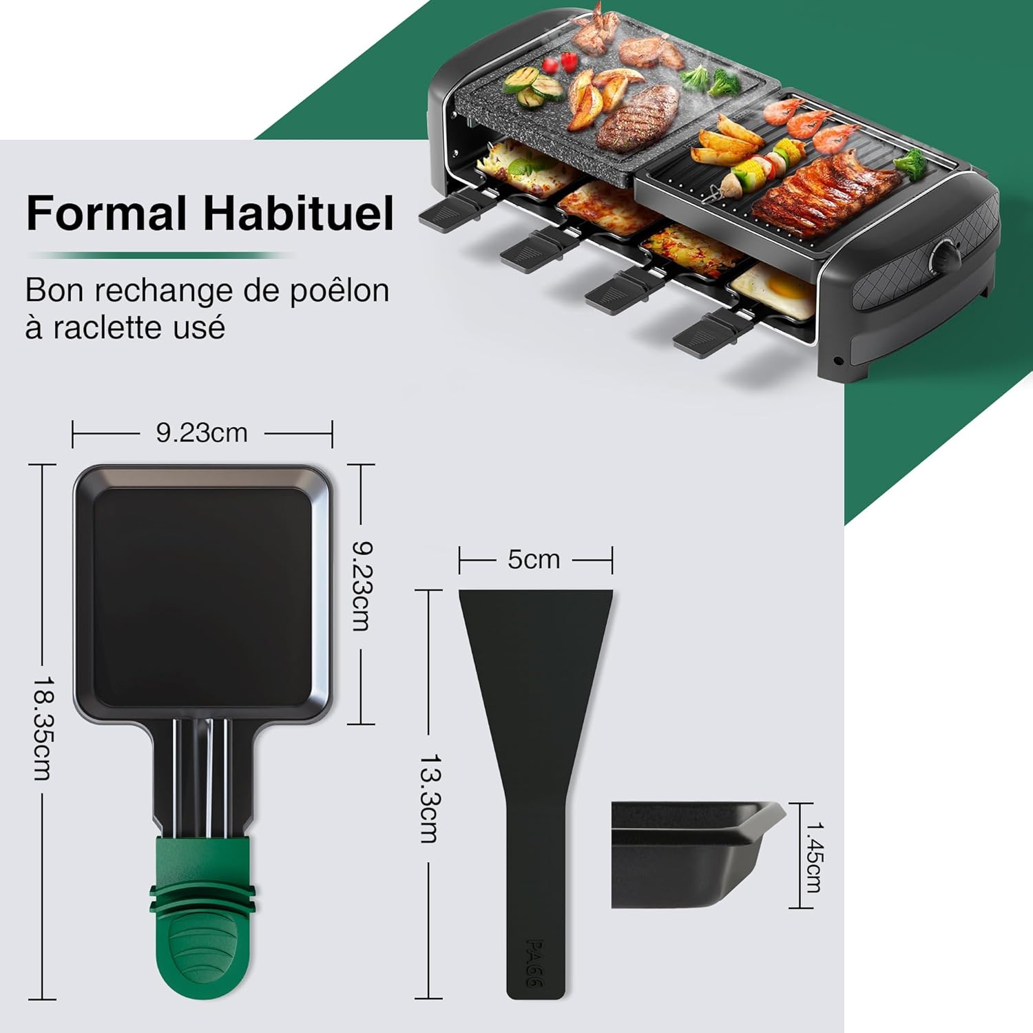 Poêlons à raclette carrés - poignée colorée - antiadhésif - 4 spatules - lave-vaisselle