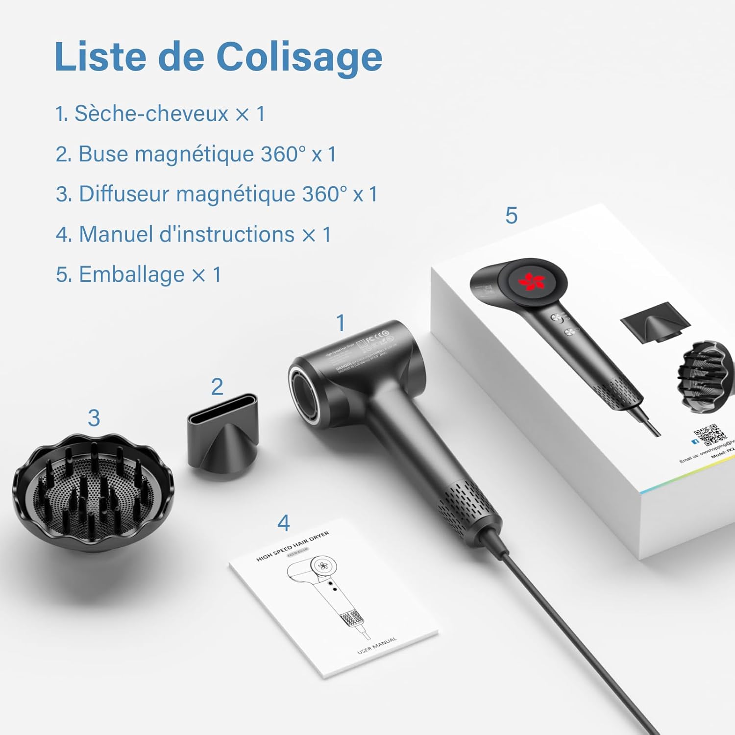 Sèche-cheveux ionique - moteur 110 000 tr/min - 57 dB, diffuseur - séchage rapide, 400M ions plasma