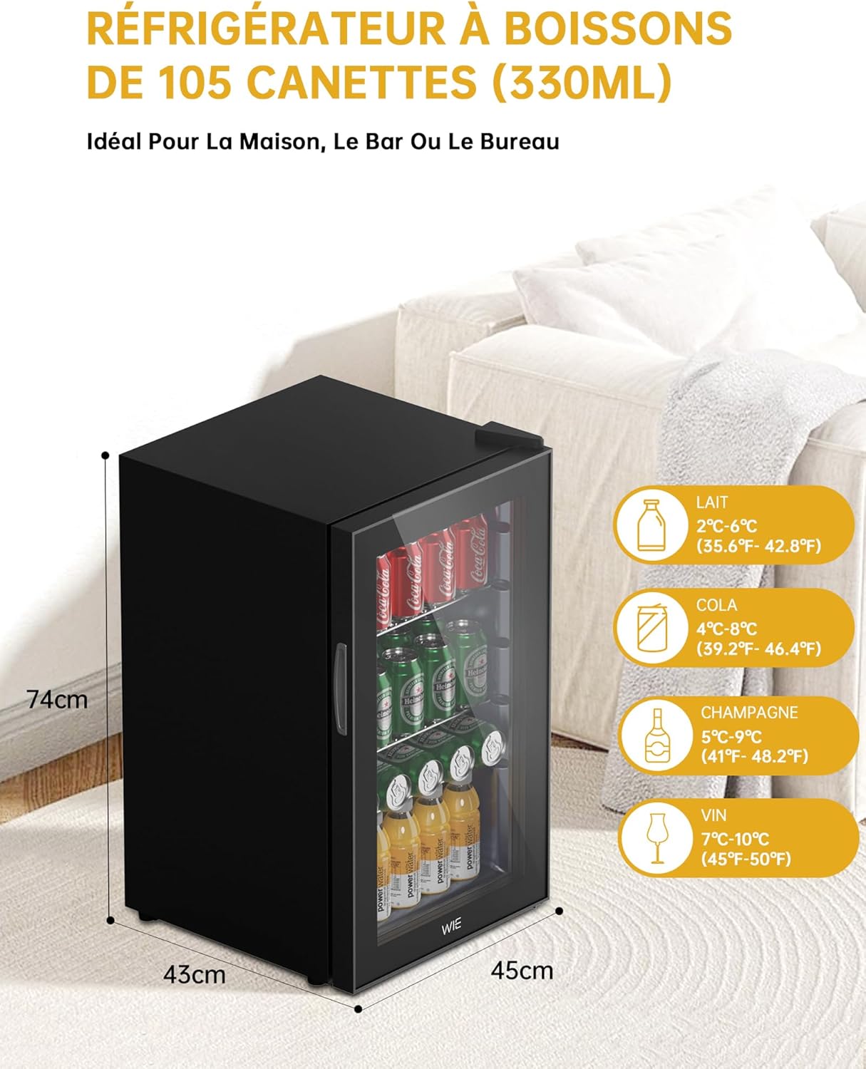 WIE - Mini réfrigérateur 70L - double vitre, silencieux, 105 canettes