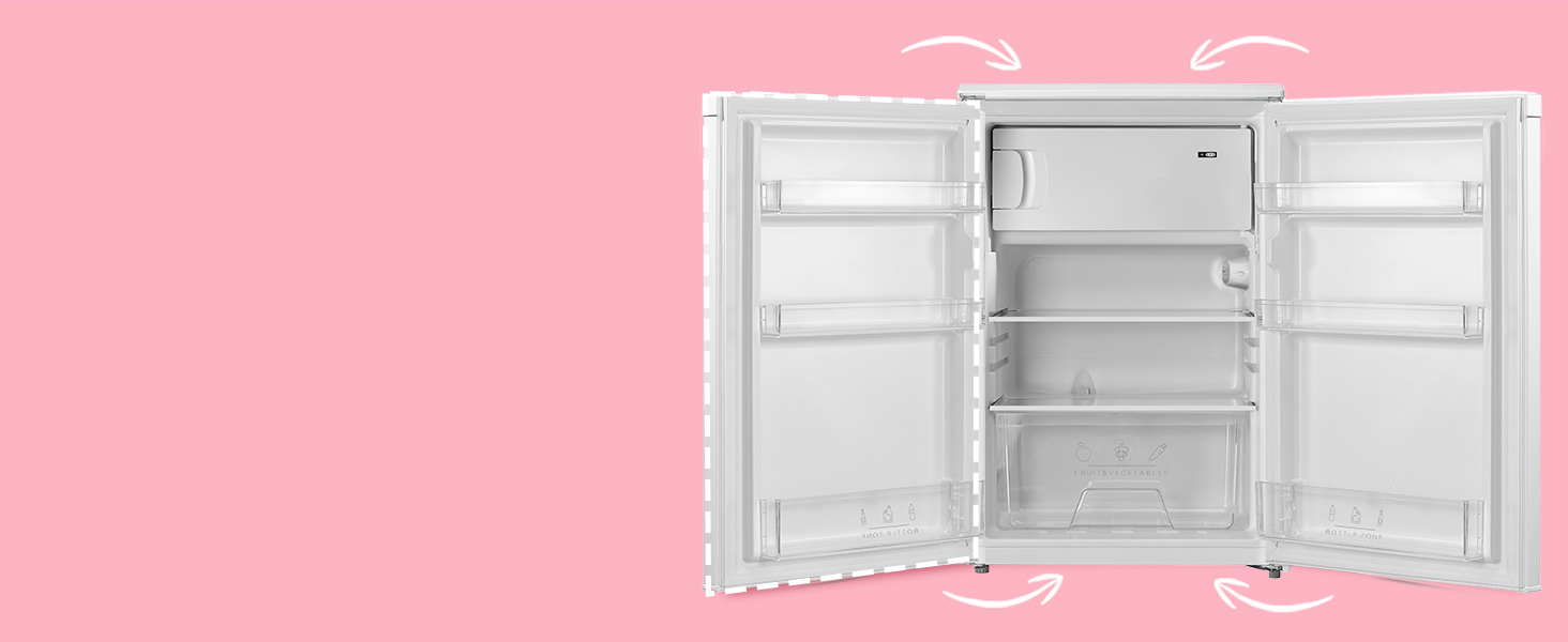 Plusieurs vues des étagères intérieures de réfrigérateur blanches sur fond rose, montrant diverses configurations d'étagères et options de rangement.