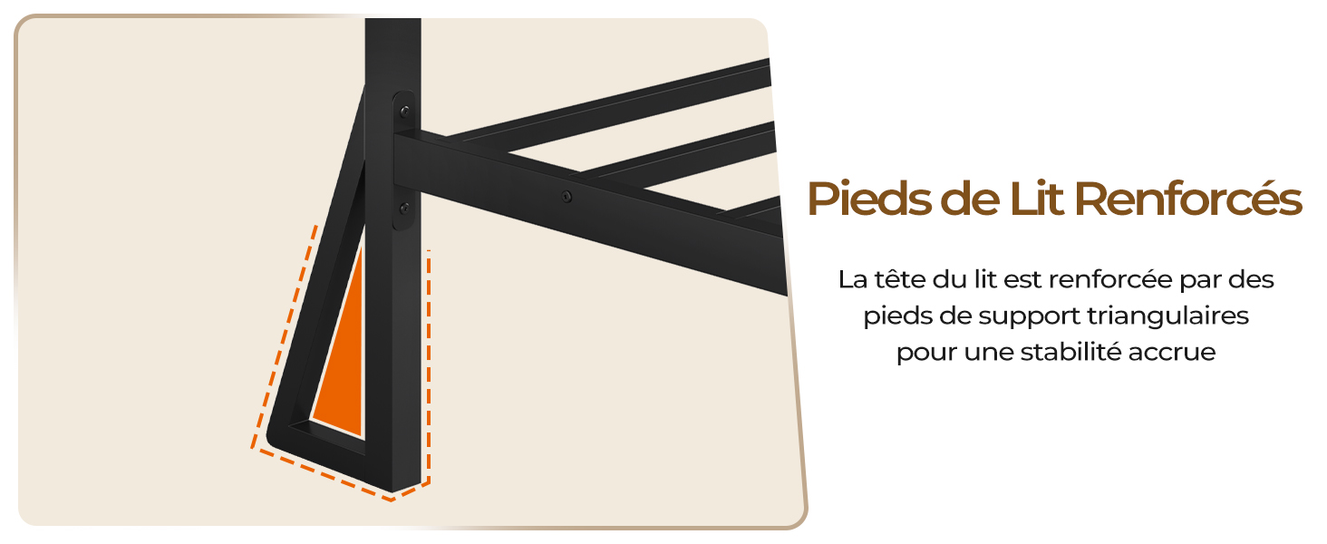 Schéma des pieds de lit renforcés. Monture en métal noir avec supports inclinés. Texte français « Pieds de Lit Renforcés » indiquant des pieds de lit renforcés