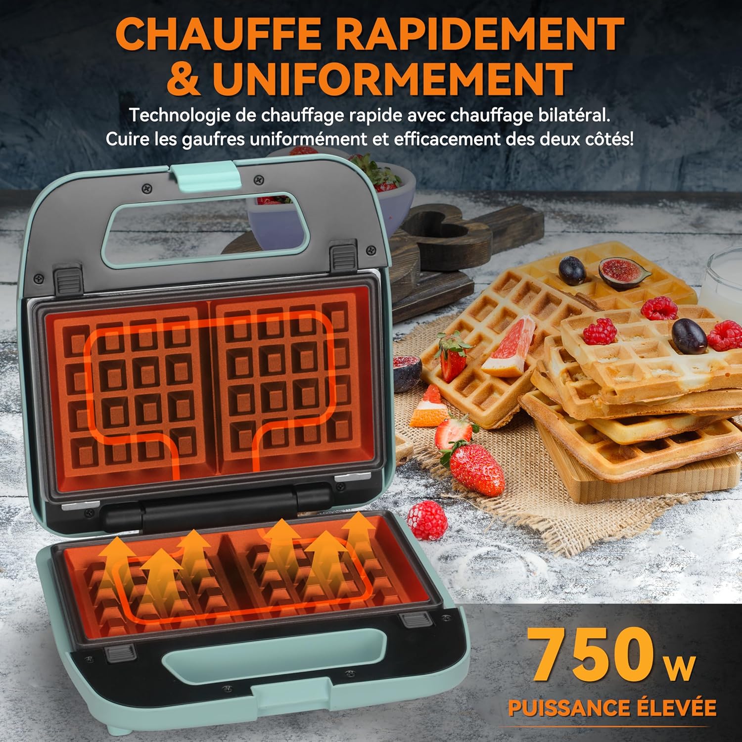 Baker's Friend - Gaufrier 3-en-1 - plaques amovibles antiadhésives - acier inoxydable, aqua