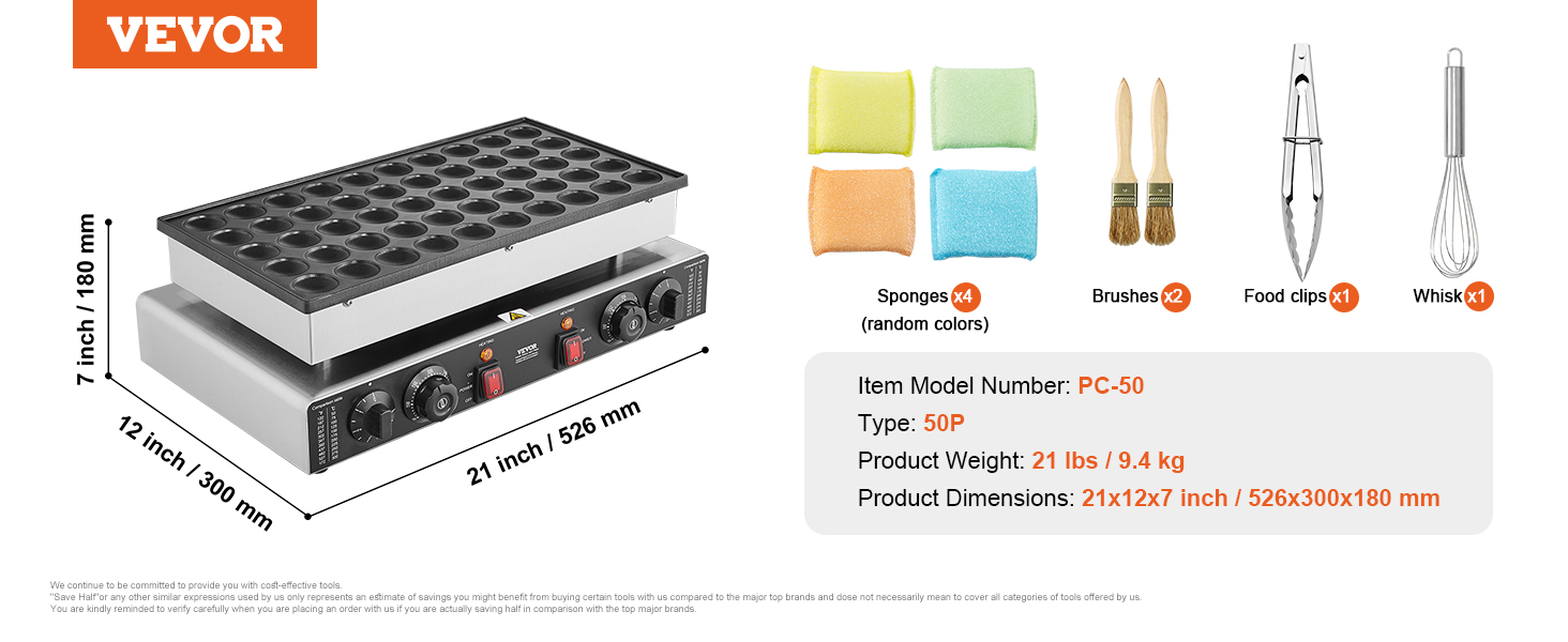Le texte indique « VEVOR ». Schéma des spécifications du produit d'une plaque chauffante commerciale montrant les dimensions et les caractéristiques avec des illustrations techniques sous plusieurs angles.