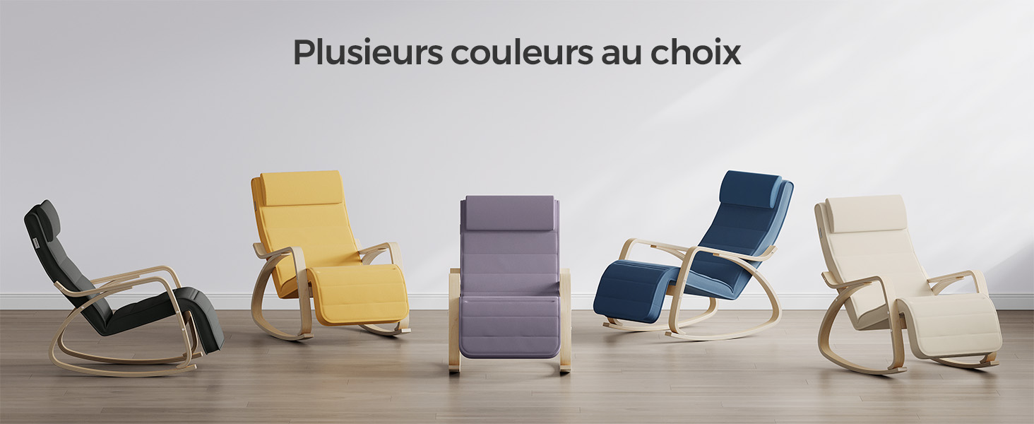Collection de fauteuils à bascule modernes présentés dans différentes couleurs, notamment le jaune, le violet, le bleu marine et le beige, avec des bases en bois incurvées