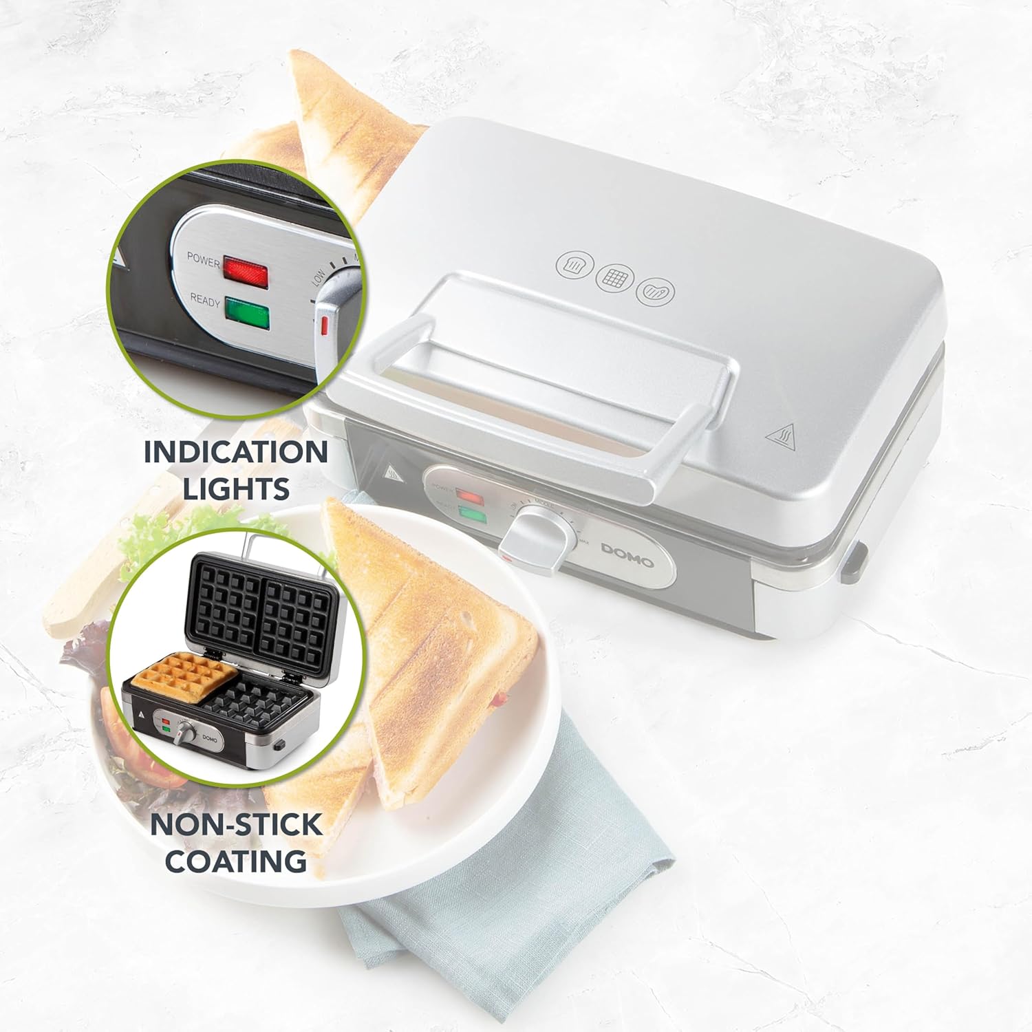 DOMO - Snackmaker 3-en-1 inox/Noir, plaques antiadhésives, DO9136C