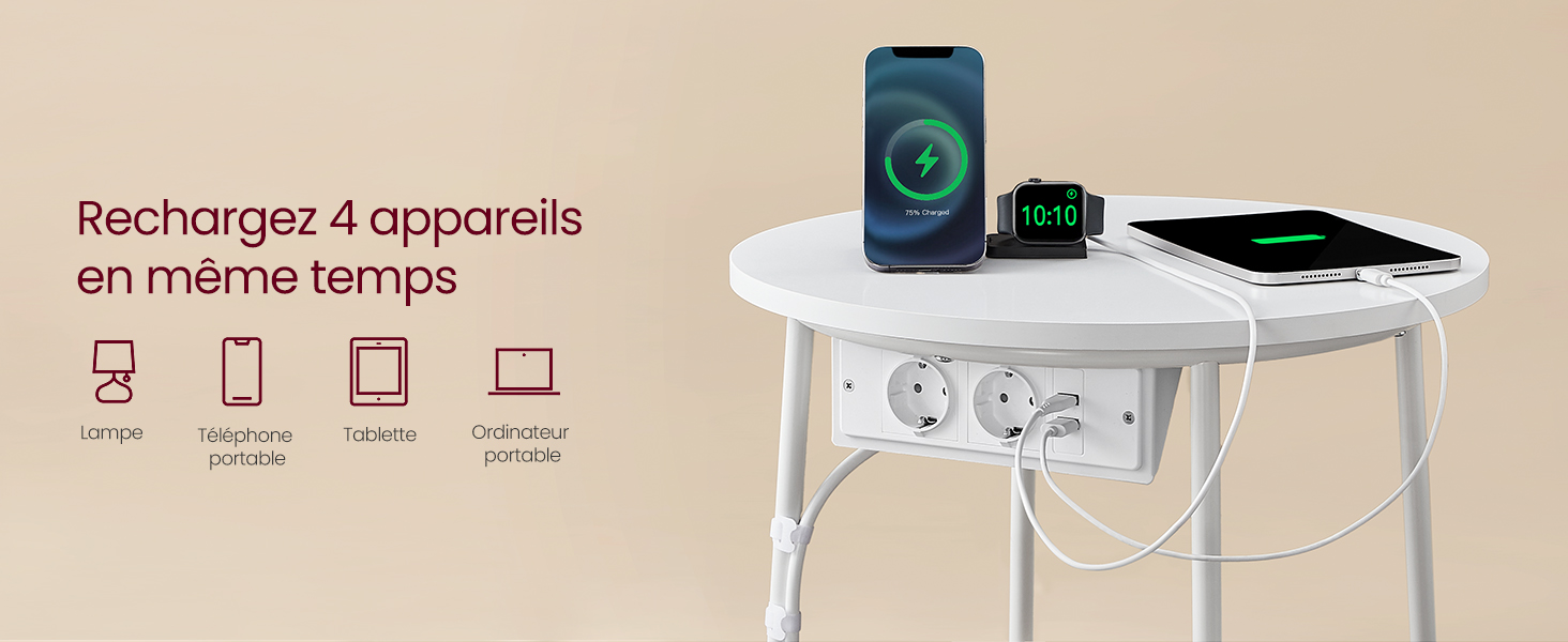 Table blanche avec plusieurs appareils de recharge. Les icônes des smartphones, des montres connectées, des tablettes et des ordinateurs portables indiquent la capacité de charge simultanée de 4 appareils.