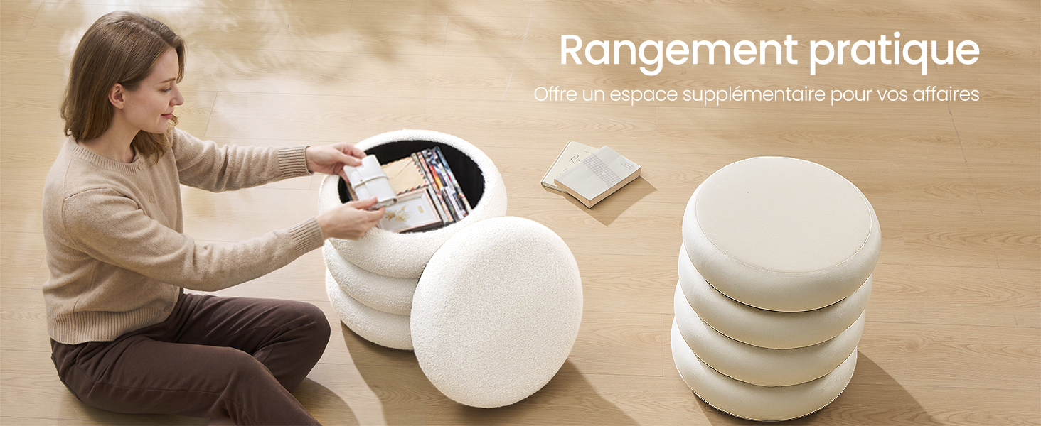 Le texte indique « Rangement pratique ». Montre des poufs ou poufs de rangement circulaires de couleur crème disposés de différentes manières, une personne faisant la démonstration de la fonctionnalité de rangement.