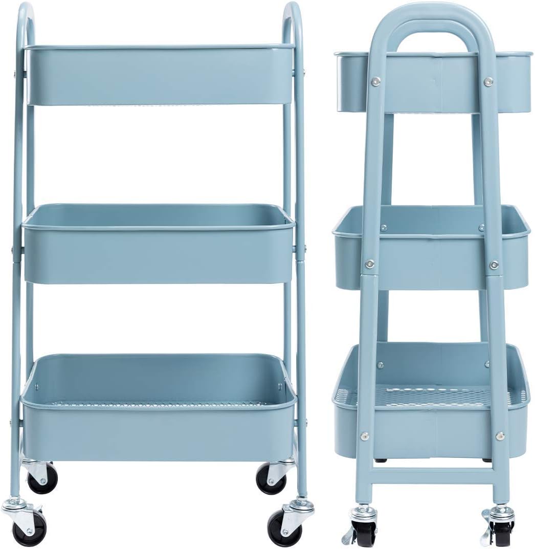 DOEWORKS - chariot métal 3 niveaux gris-bleu, roulettes, rangement mobile