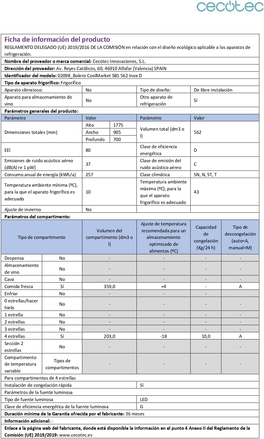 Cecotec - Bolero CoolMarket SBS 562 - 562L - No Frost, Inox, Classe D, modes Eco/Vacances, SBS 562