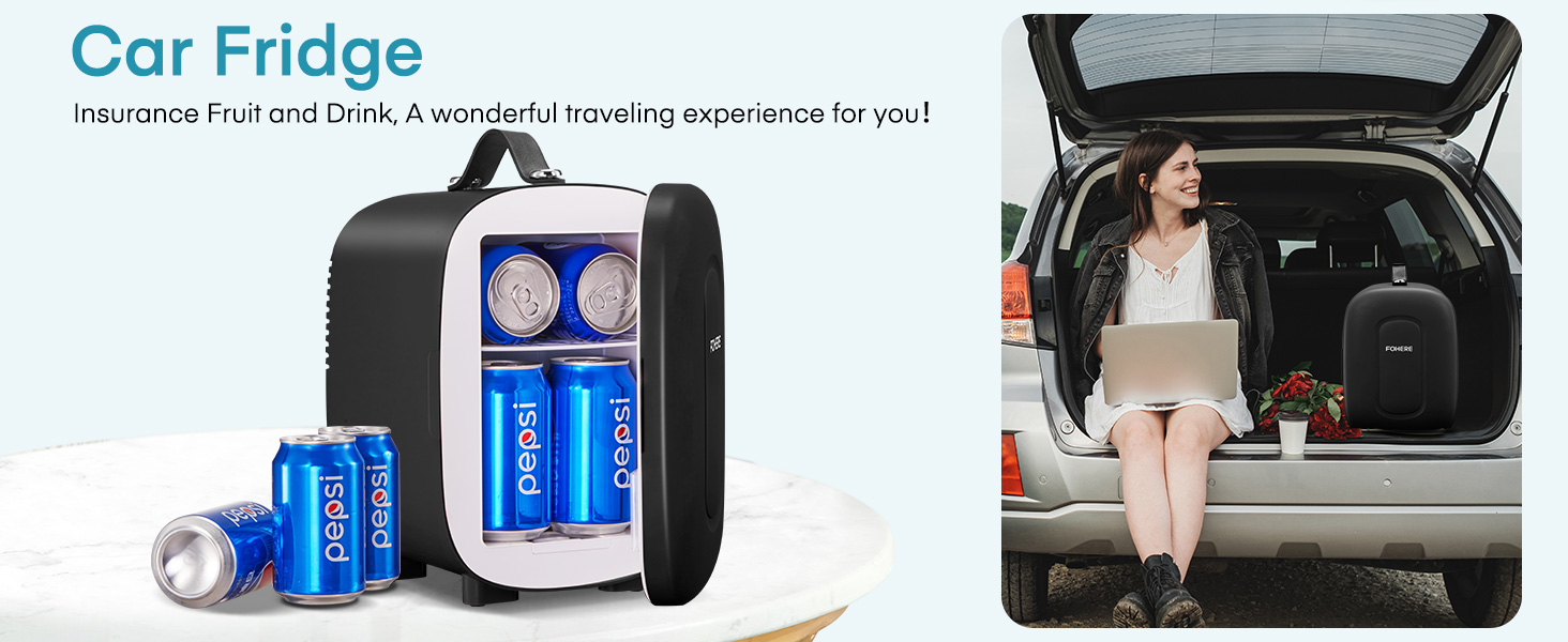 Le texte indique « Réfrigérateur de voiture ». Réfrigérateur de voiture portable présenté dans de multiples contextes : dans le coffre du véhicule, transporté et stockage de boissons.