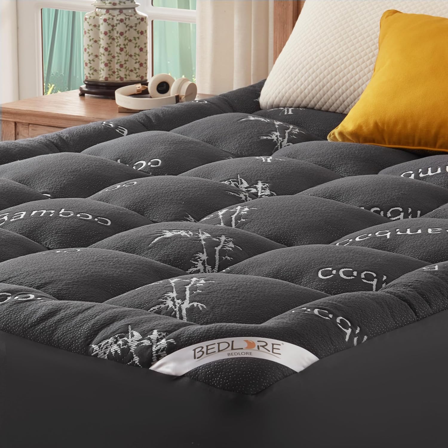 BEDLORE - surmatelas matelassé, 90x200cm, viscose bambou, bonnet 30cm, Oeko-Tex, gris foncé